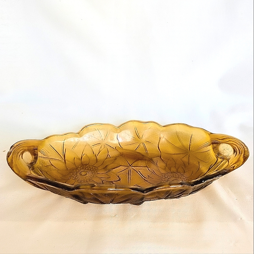 Vintage Indiana Glass Sunflower Amber Glass Relish Dish Serving Dish